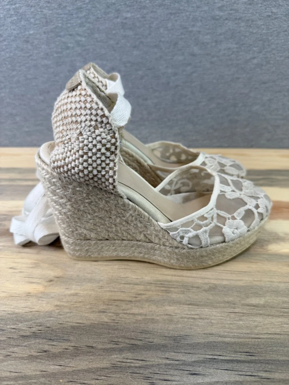 Toni Pons Atelier Lace Wedge Espadrille Size EU 35 Long Ankle Tie Wedding Bride
